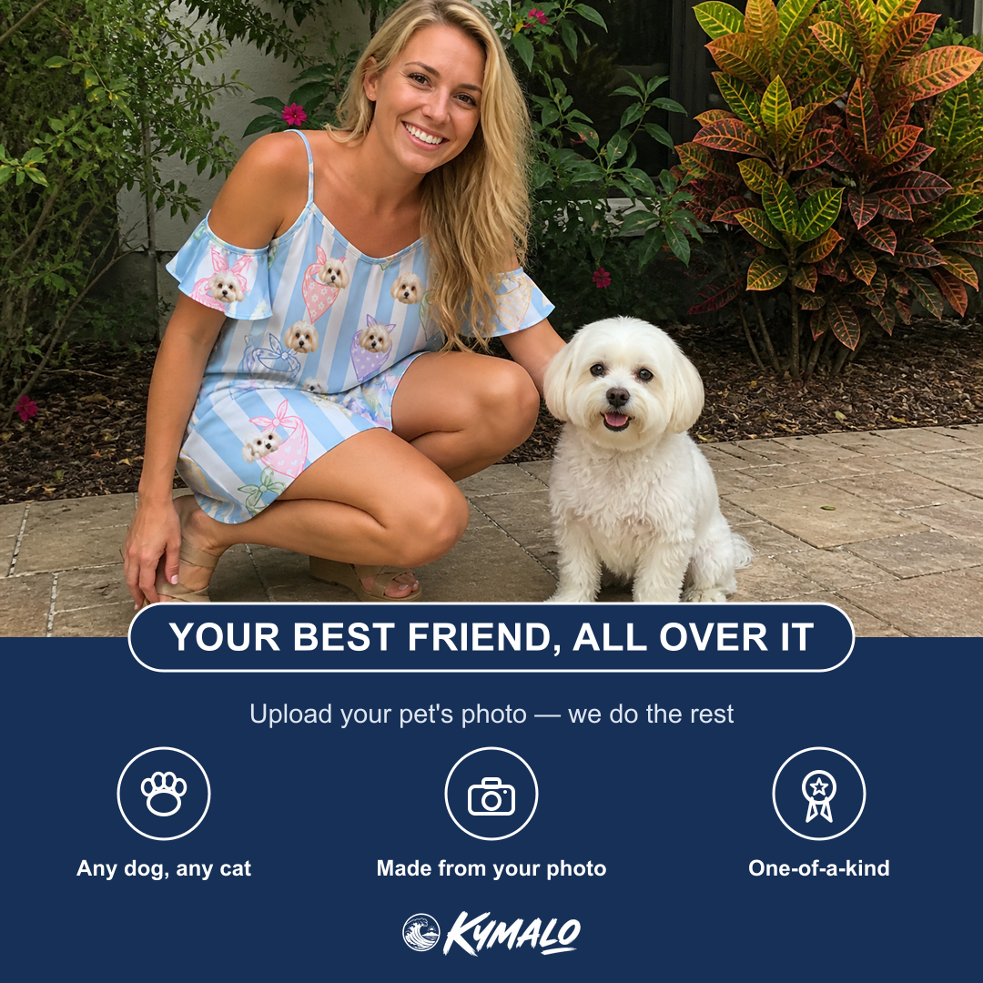 Friends in matching Women's Paisley Pooches Custom Dog Face Off-Shoulder Dress — a group gift photo