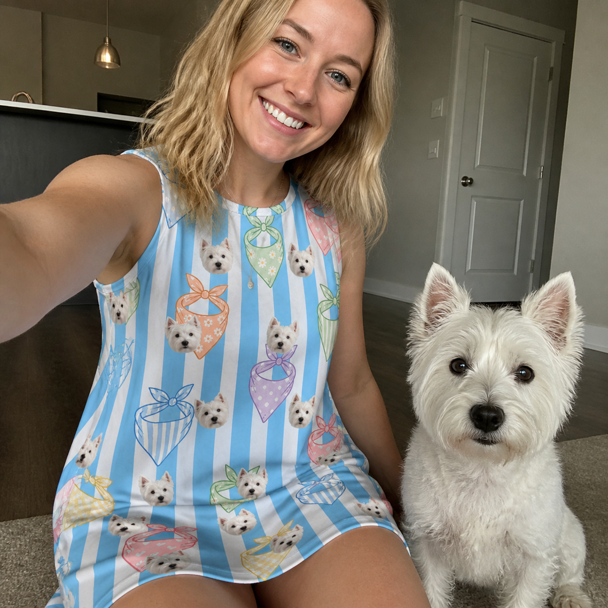 Selfie with the pet whose face is printed all over this Women's Paisley Pooches Custom Dog Face Tank Dress