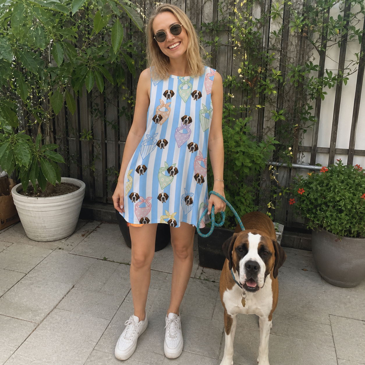 Full-length photo with the pet printed all over this Women's Paisley Pooches Custom Dog Face Tank Dress