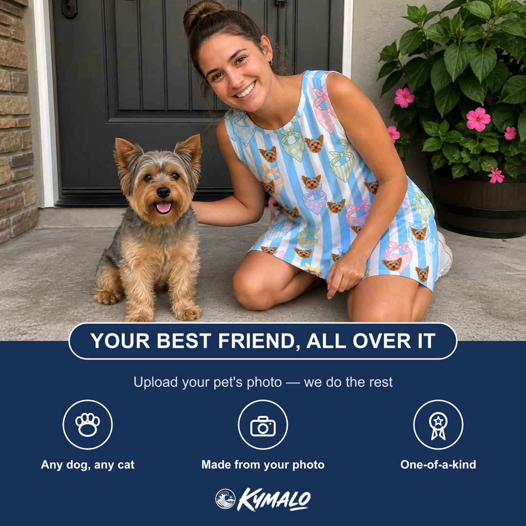 Friends in matching Women's Paisley Pooches Custom Dog Face Tank Dress — a group gift photo