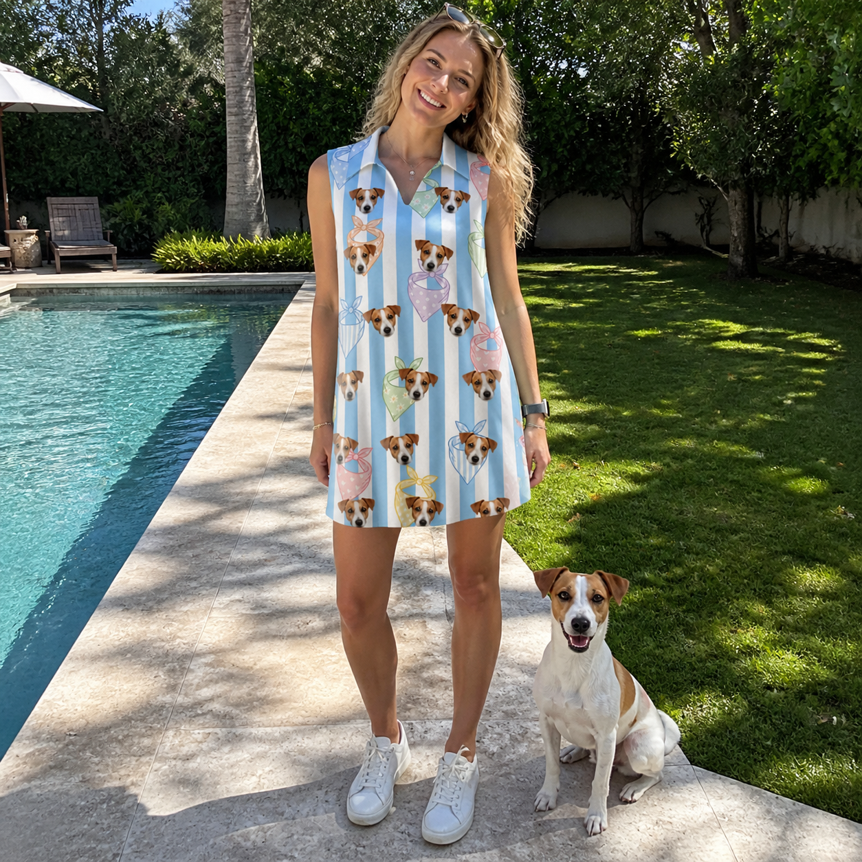 Full-length photo with the pet printed all over this Women's Paisley Pooches Custom Dog Face V-Neck Dress