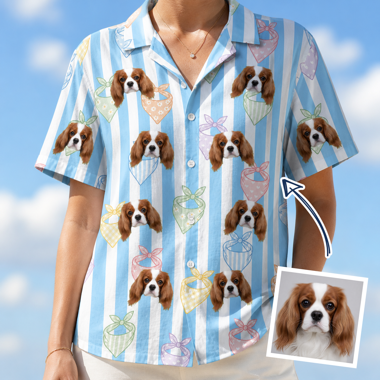 Woman wearing Women's Paisley Pooches Custom Dog Face Hawaiian Shirt — custom faces printed all-over