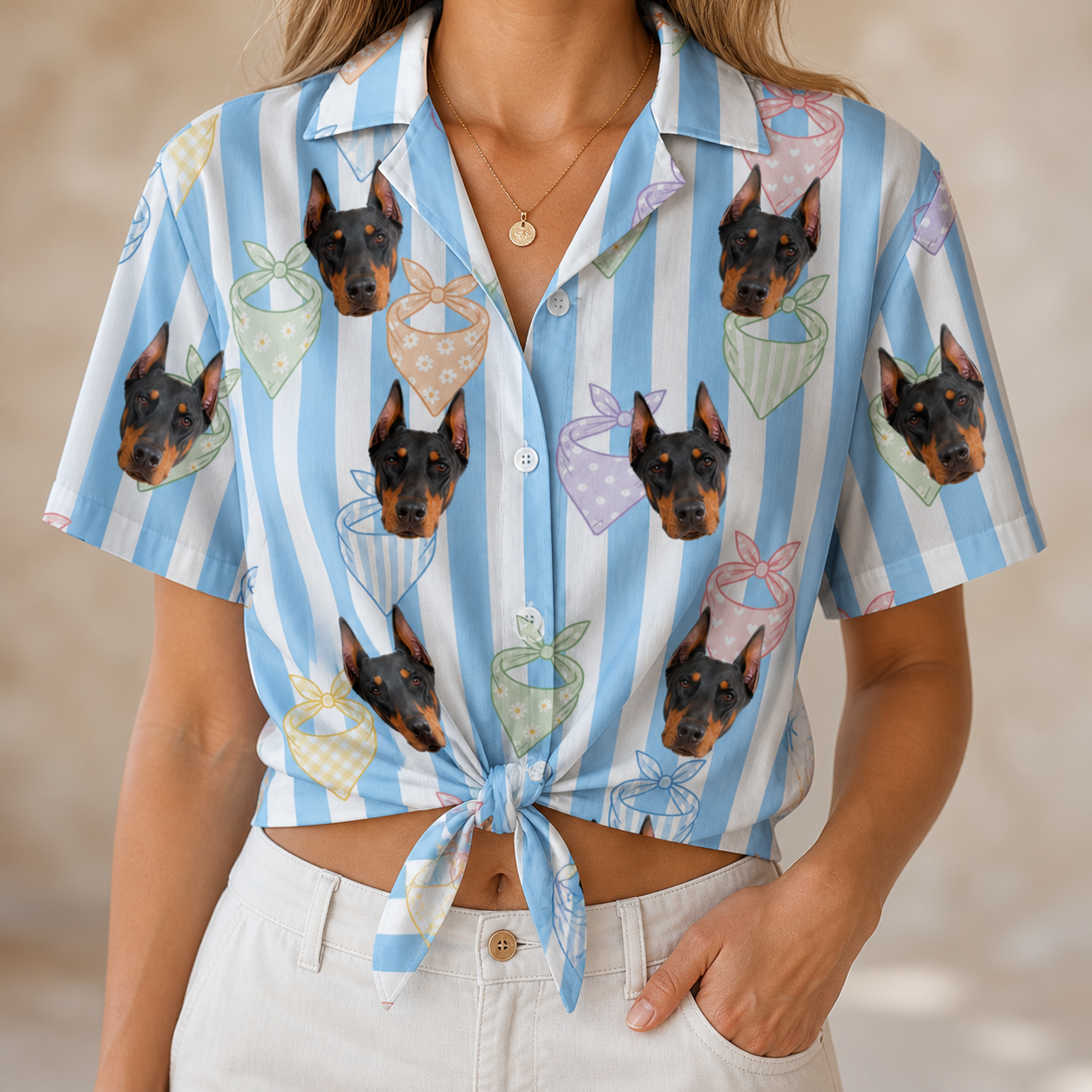 Woman wearing Women's Paisley Pooches Custom Dog Face Hawaiian Shirt tied at the waist