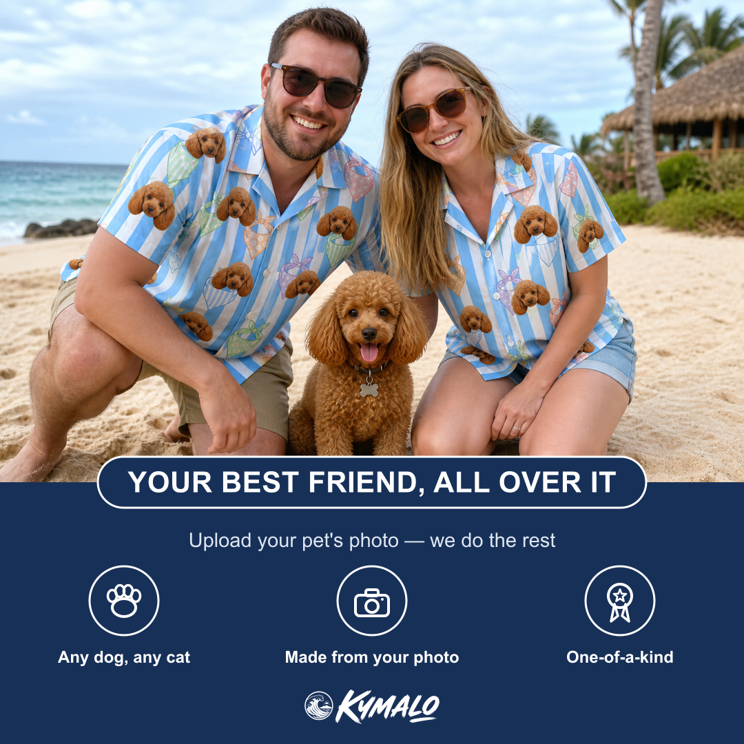 Friends in matching Women's Paisley Pooches Custom Dog Face Hawaiian Shirt — a group gift photo