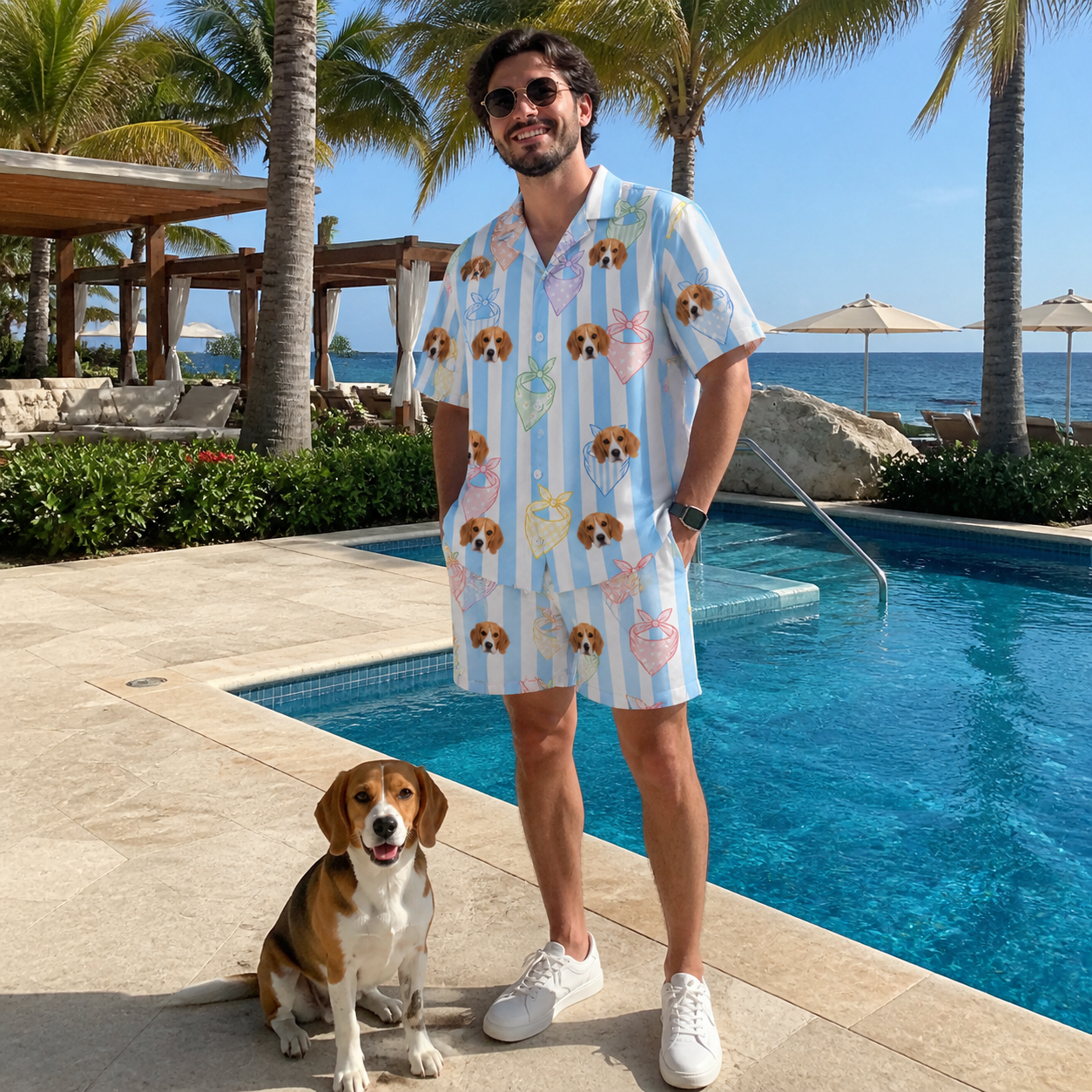 Full-length photo with the pet printed all over this Men's Paisley Pooches Custom Dog Face Shirt & Shorts Set