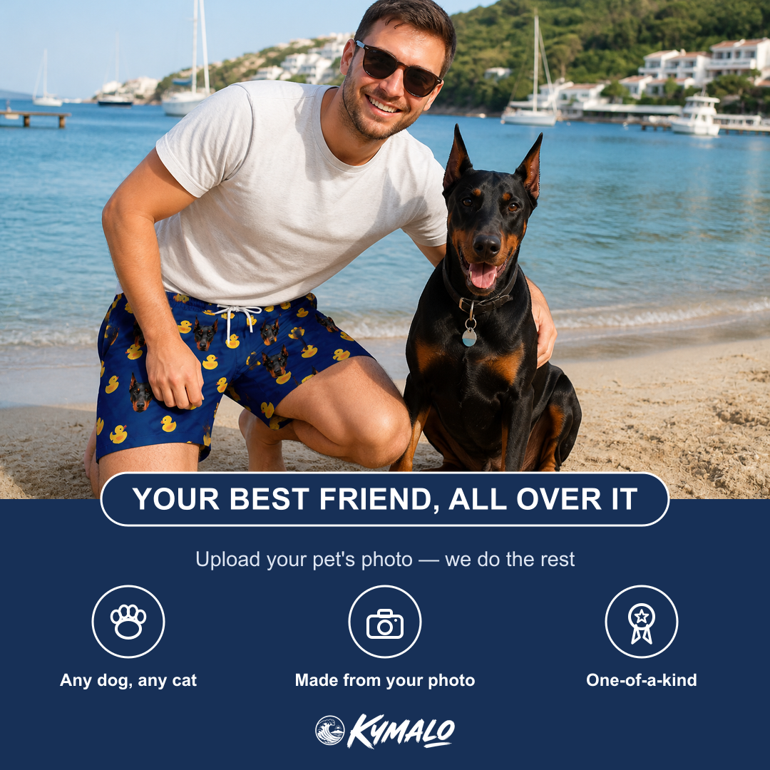 Friends in matching Men's Quack Pack Custom Dog Face Beach Shorts — a group gift photo