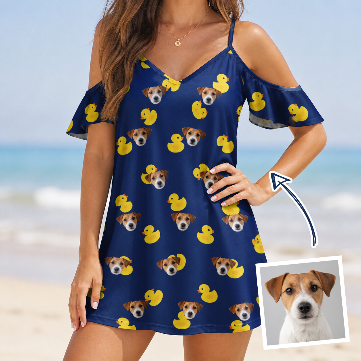 Woman wearing Women's Quack Pack Custom Dog Face Off-Shoulder Dress — custom faces printed all-over