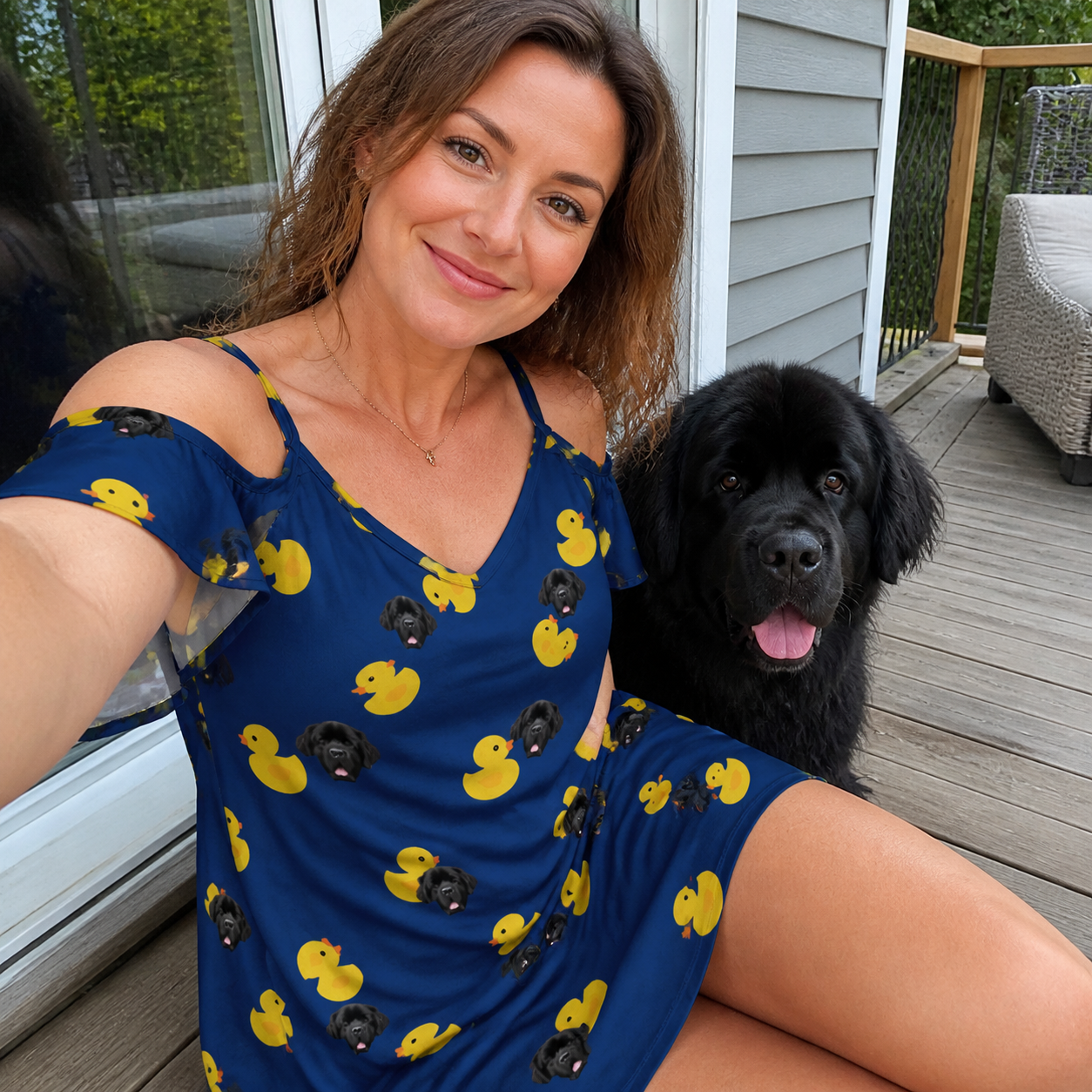 Selfie with the pet whose face is printed all over this Women's Quack Pack Custom Dog Face Off-Shoulder Dress