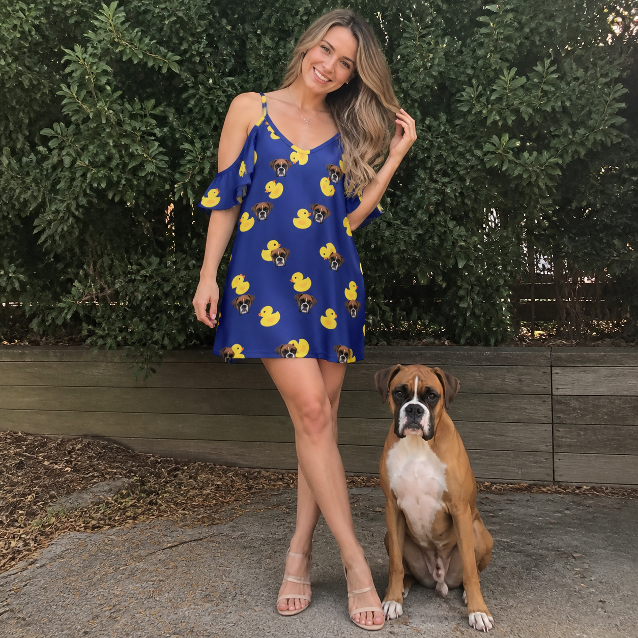 Full-length photo with the pet printed all over this Women's Quack Pack Custom Dog Face Off-Shoulder Dress