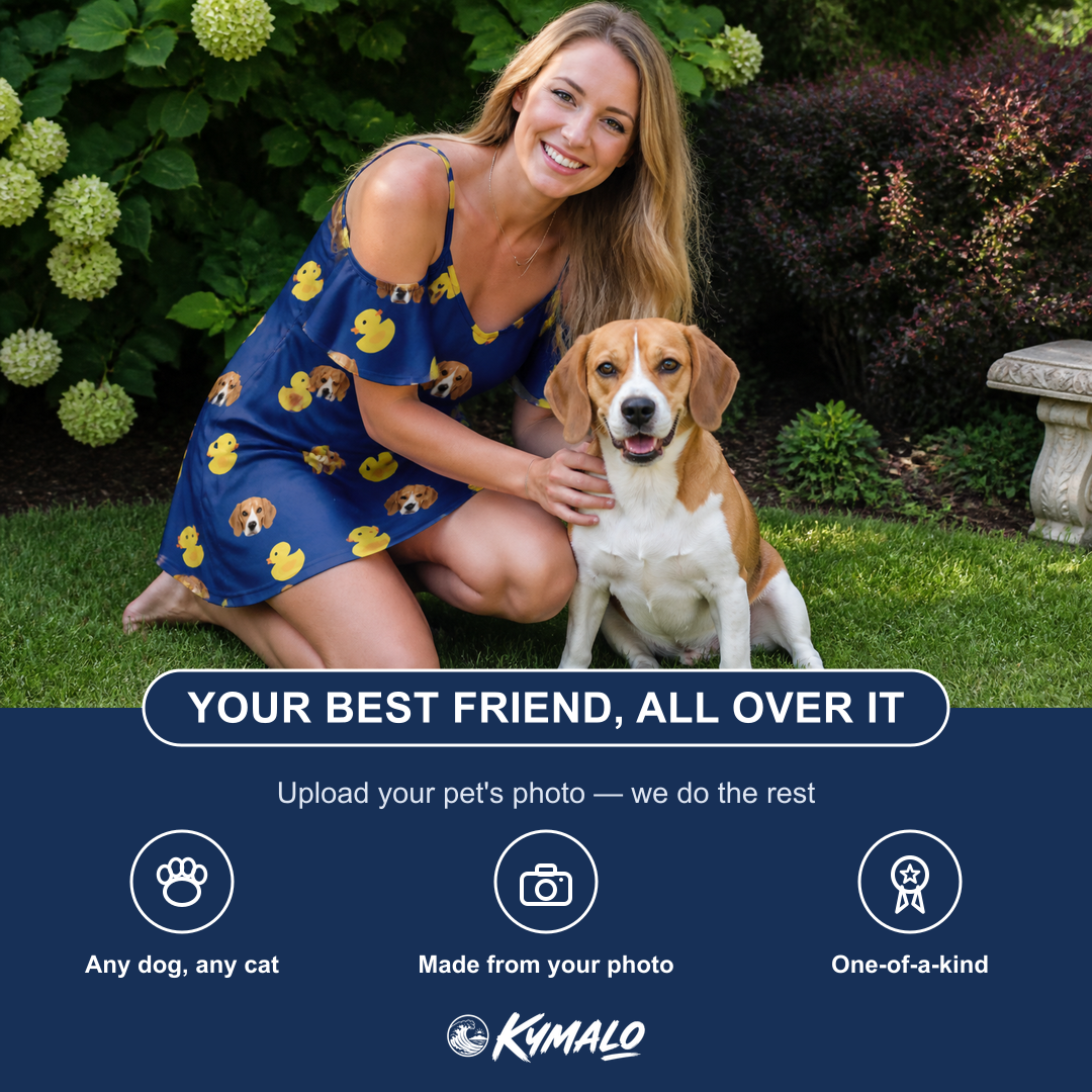 Friends in matching Women's Quack Pack Custom Dog Face Off-Shoulder Dress — a group gift photo