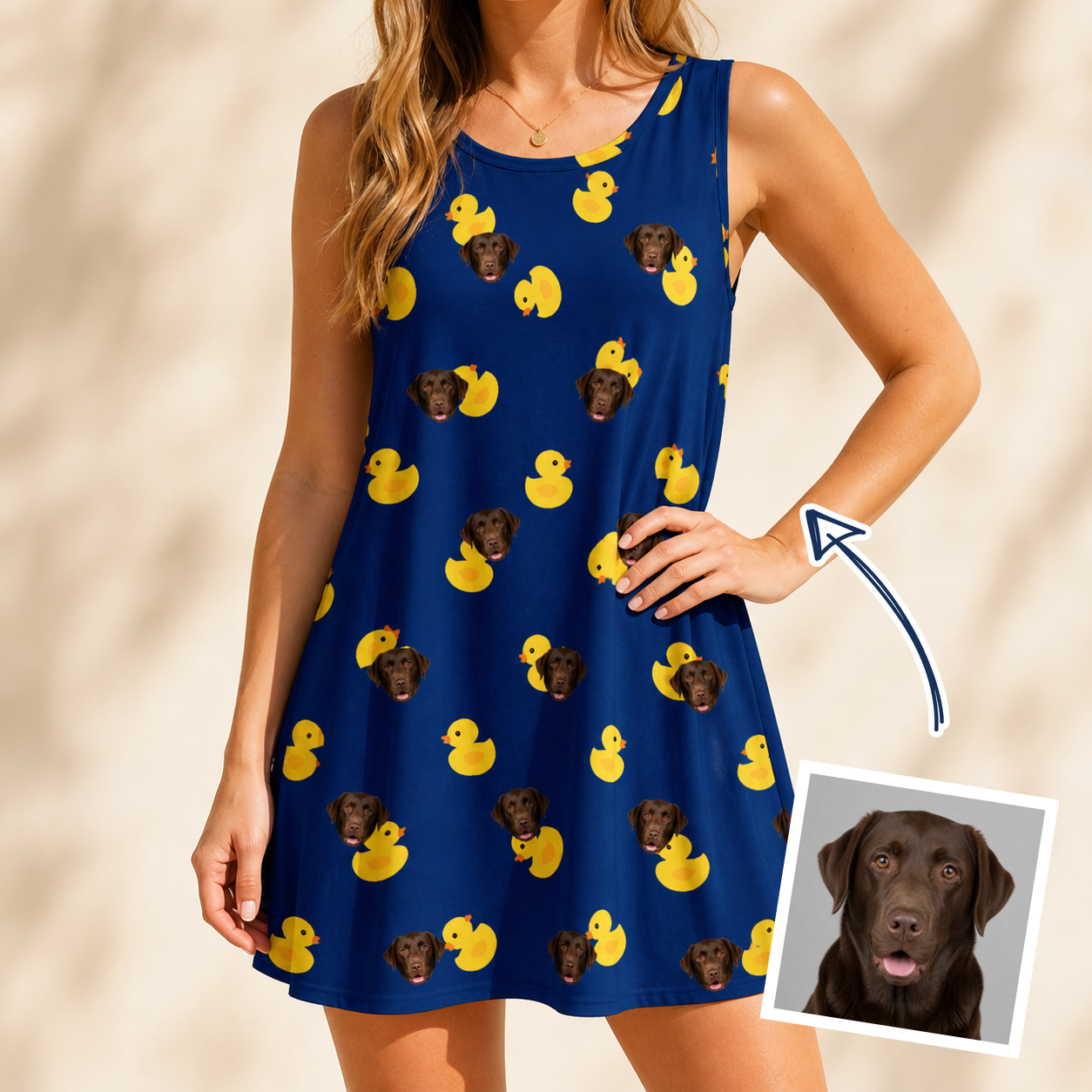 Woman wearing Women's Quack Pack Custom Dog Face Tank Dress — custom faces printed all-over
