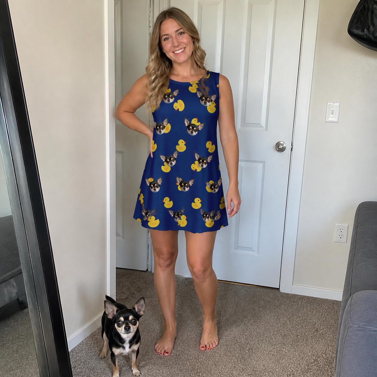 Full-length photo with the pet printed all over this Women's Quack Pack Custom Dog Face Tank Dress