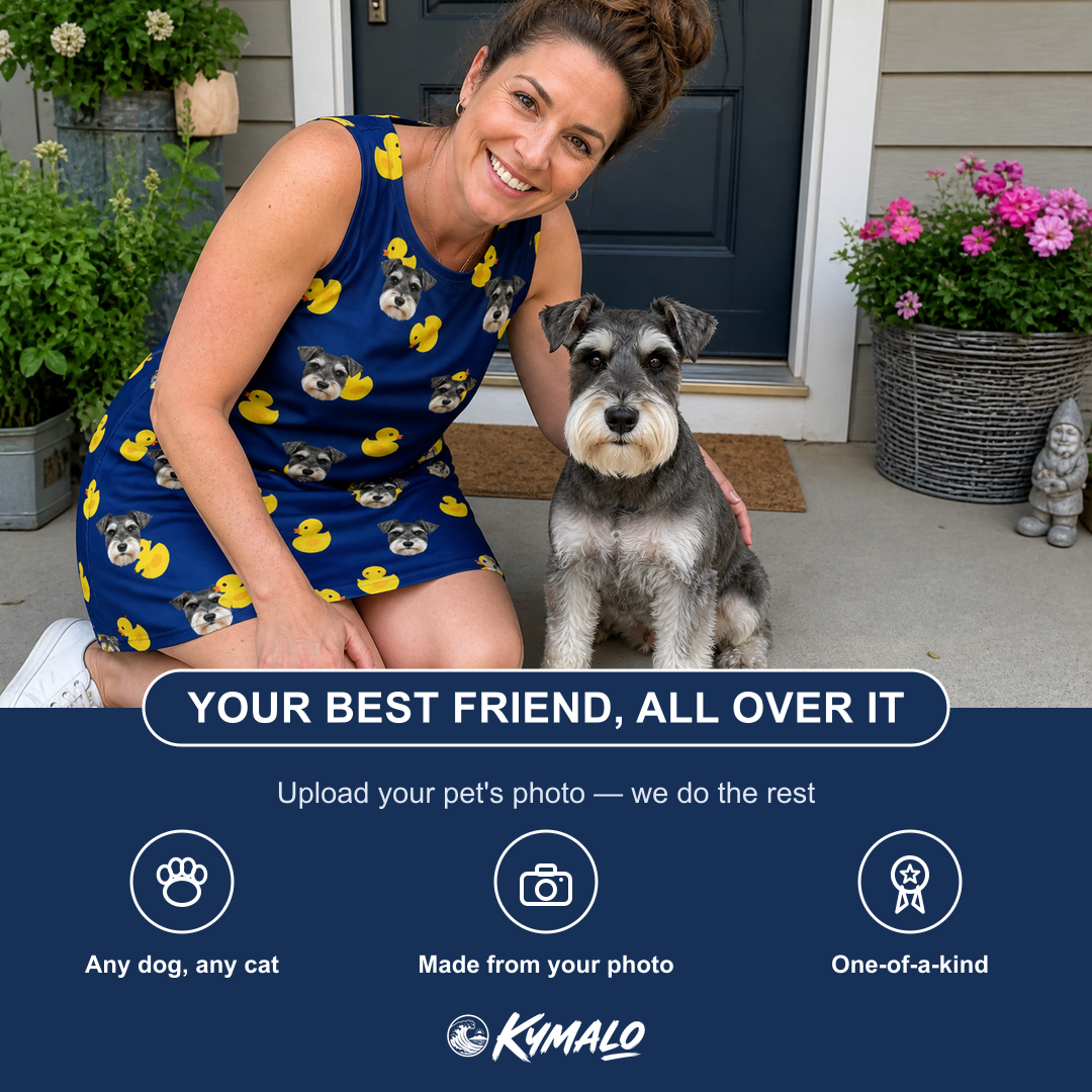Friends in matching Women's Quack Pack Custom Dog Face Tank Dress — a group gift photo