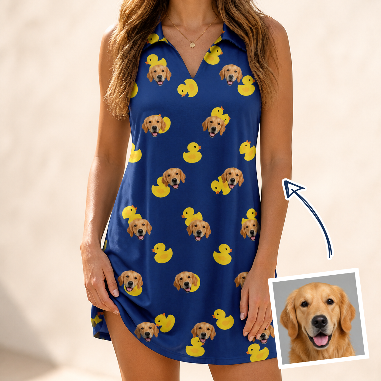 Woman wearing Women's Quack Pack Custom Dog Face V-Neck Dress — custom faces printed all-over
