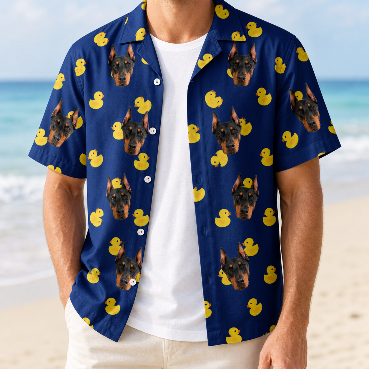 Man wearing Men's Quack Pack Custom Dog Face Hawaiian Shirt open over a white tee