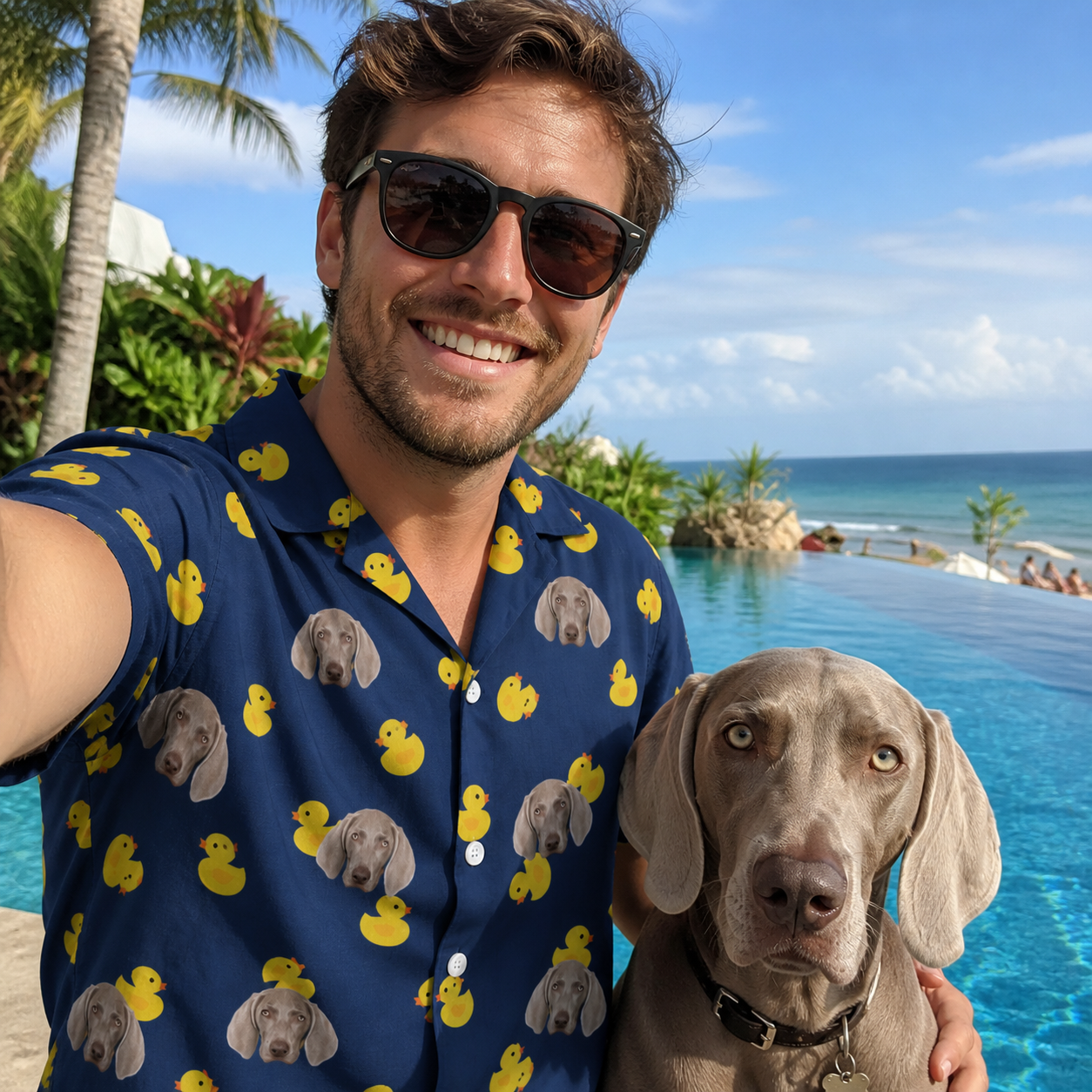 Selfie with the pet whose face is printed all over this Men's Quack Pack Custom Dog Face Hawaiian Shirt