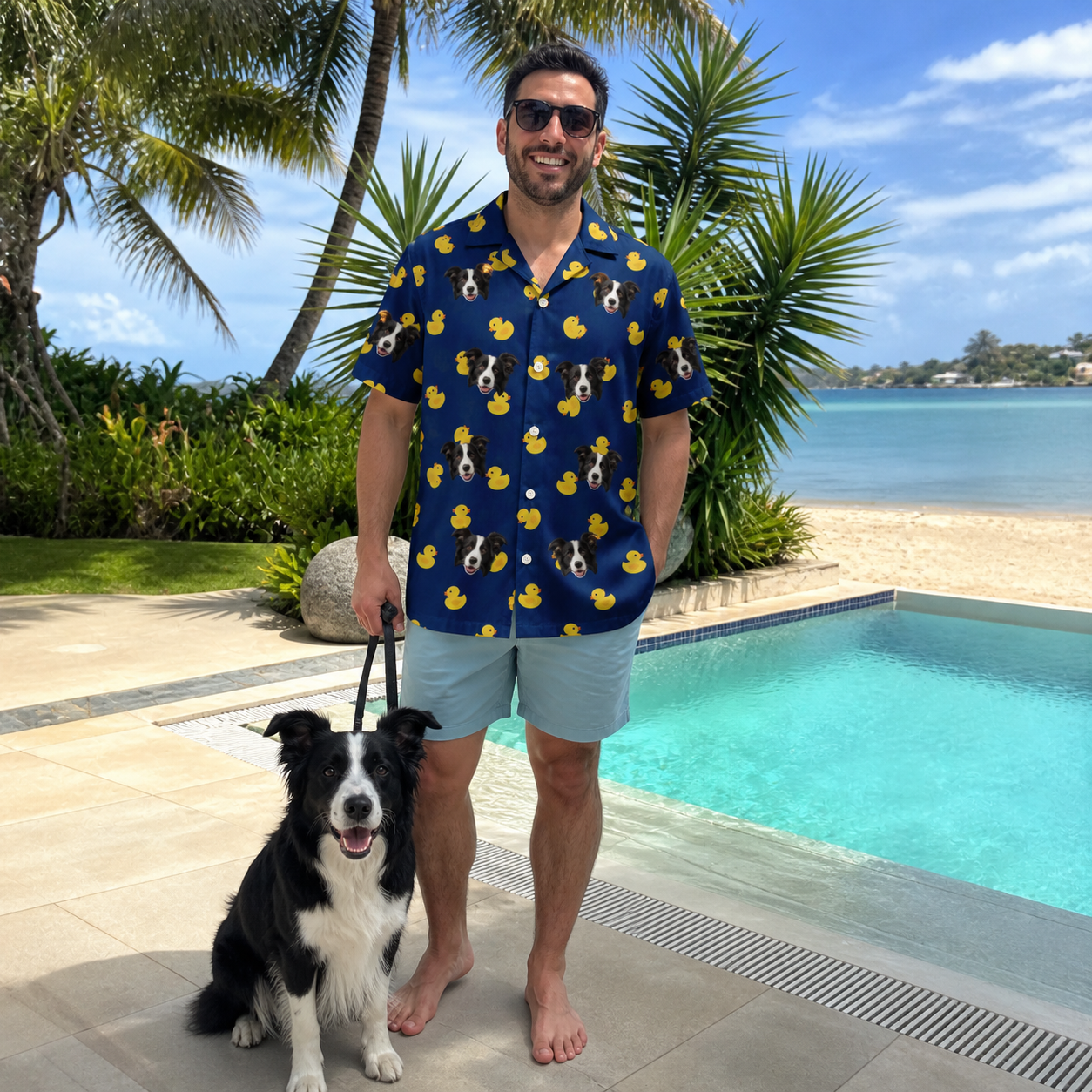 Full-length photo with the pet printed all over this Men's Quack Pack Custom Dog Face Hawaiian Shirt