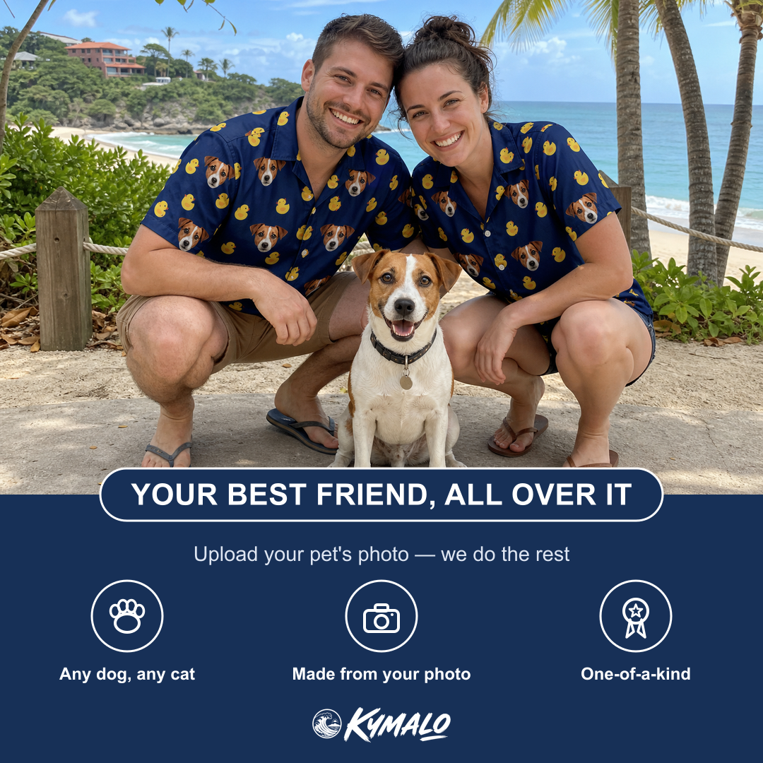 Friends in matching Men's Quack Pack Custom Dog Face Hawaiian Shirt — a group gift photo