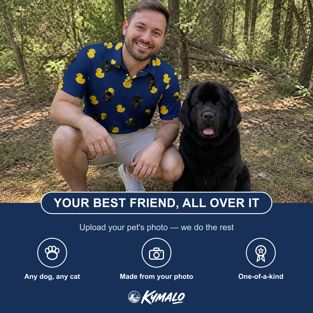 Friends in matching Men's Quack Pack Custom Dog Face Polo Shirt — a group gift photo