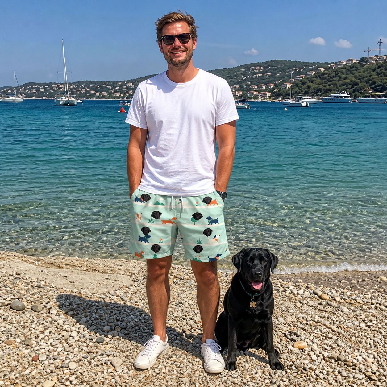 Full-length photo with the pet printed all over this Men's Kerchief Kapers Custom Dog Face Beach Shorts