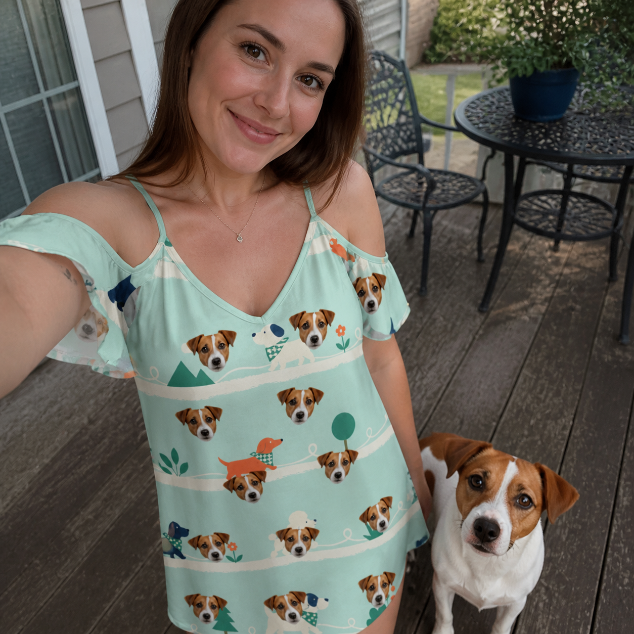Selfie with the pet whose face is printed all over this Women's Kerchief Kapers Custom Dog Face Off-Shoulder Dress