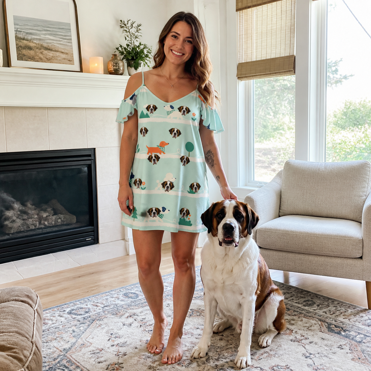 Full-length photo with the pet printed all over this Women's Kerchief Kapers Custom Dog Face Off-Shoulder Dress