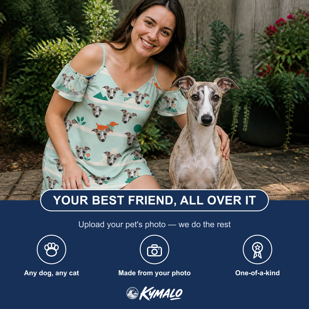 Friends in matching Women's Kerchief Kapers Custom Dog Face Off-Shoulder Dress — a group gift photo