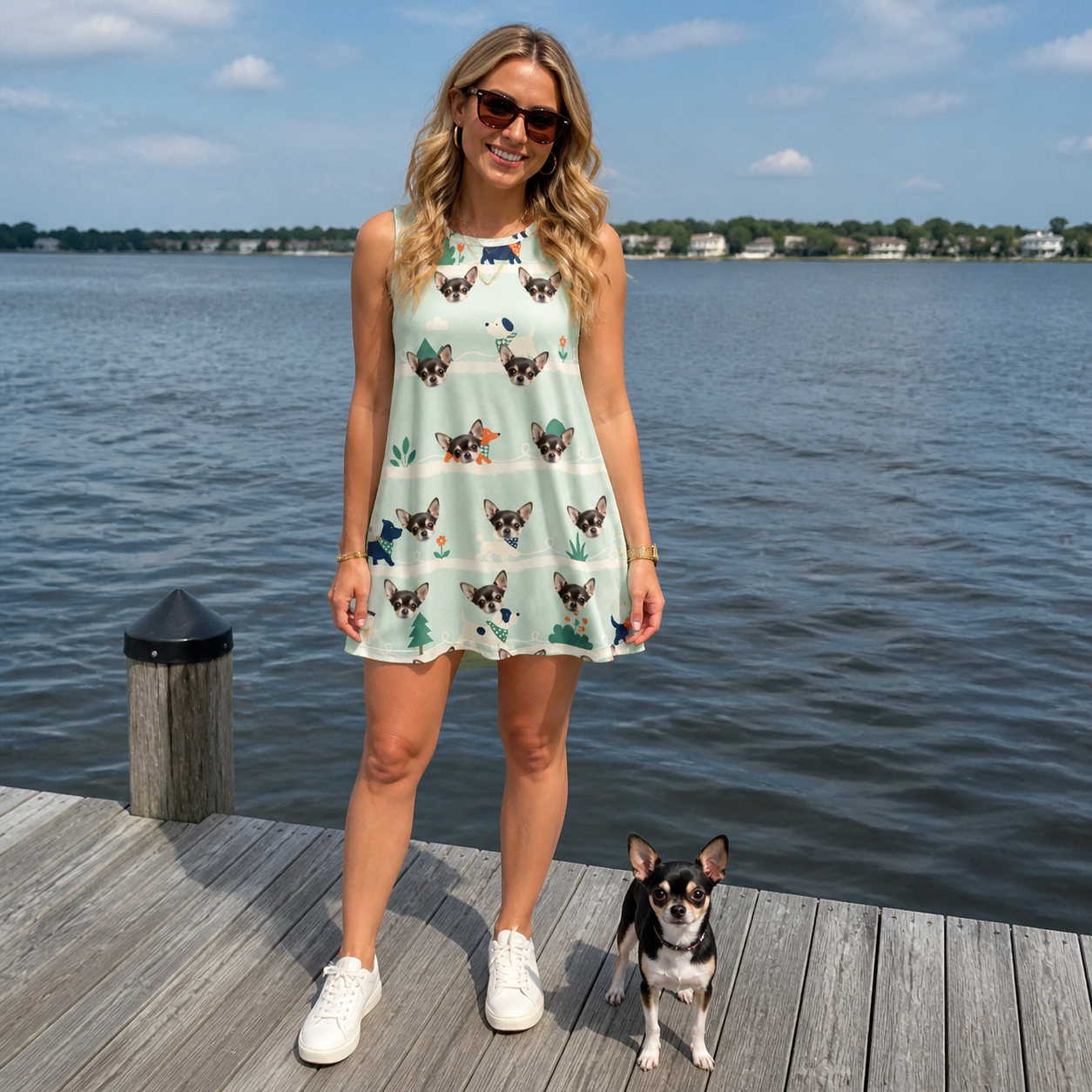 Full-length photo with the pet printed all over this Women's Kerchief Kapers Custom Dog Face Tank Dress