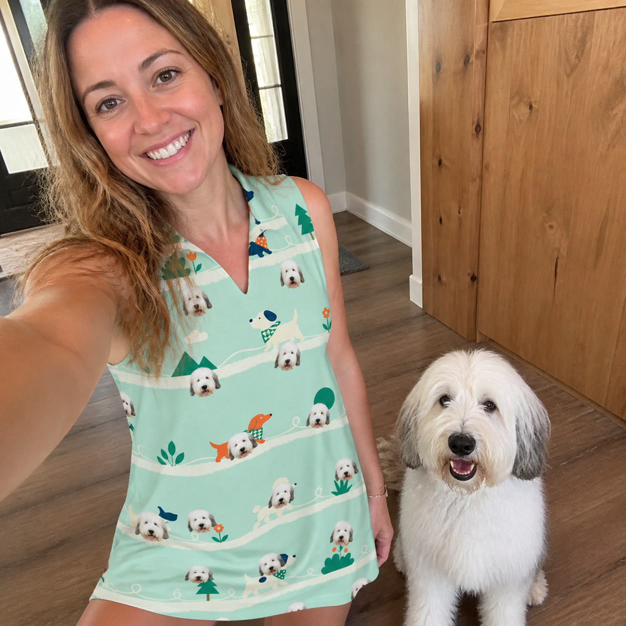 Selfie with the pet whose face is printed all over this Women's Kerchief Kapers Custom Dog Face V-Neck Dress