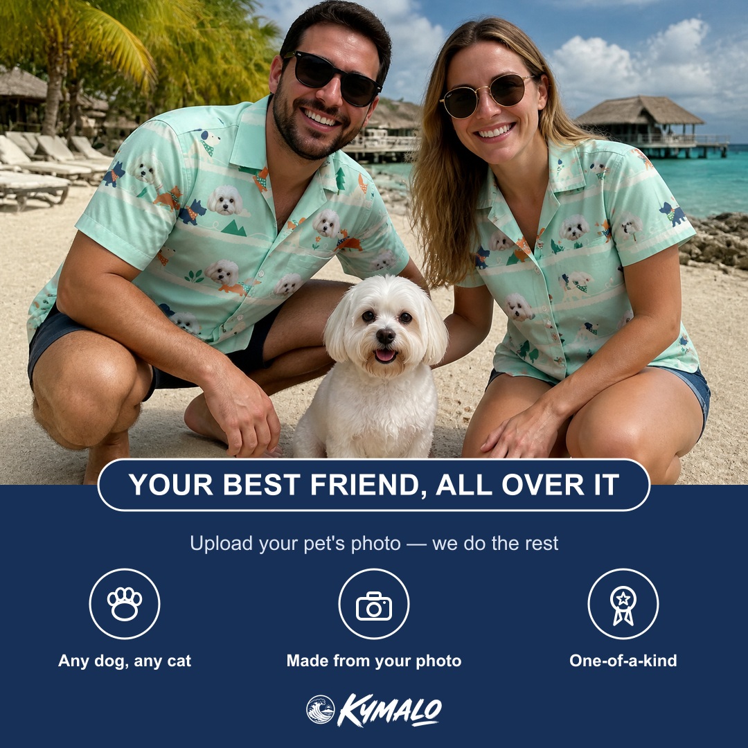 Friends in matching Men's Kerchief Kapers Custom Dog Face Hawaiian Shirt — a group gift photo