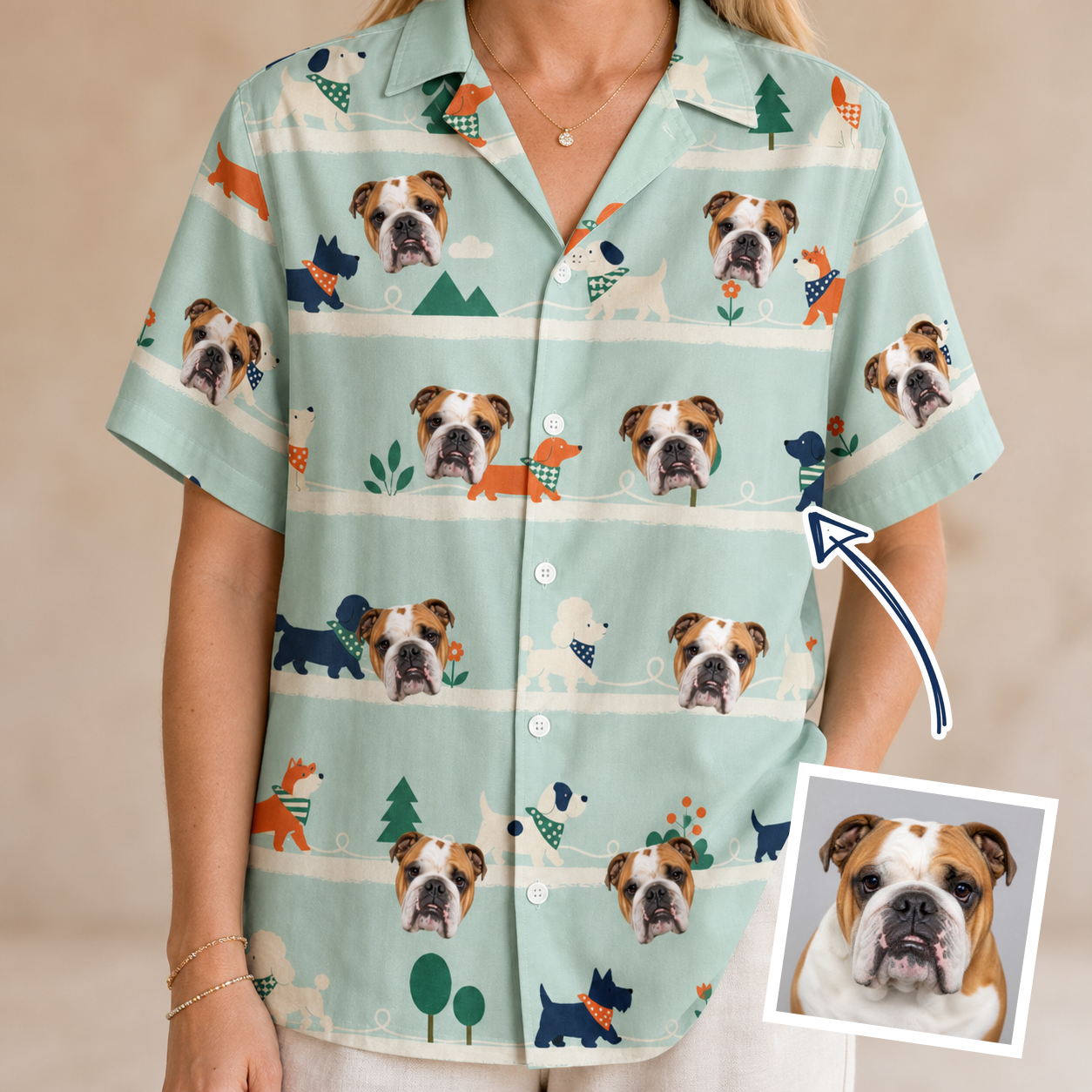 Woman wearing Women's Kerchief Kapers Custom Dog Face Hawaiian Shirt — custom faces printed all-over