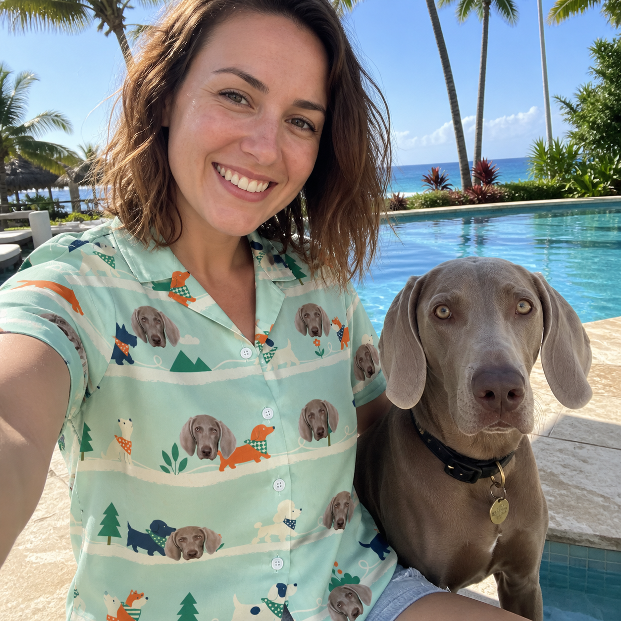 Selfie with the pet whose face is printed all over this Women's Kerchief Kapers Custom Dog Face Hawaiian Shirt