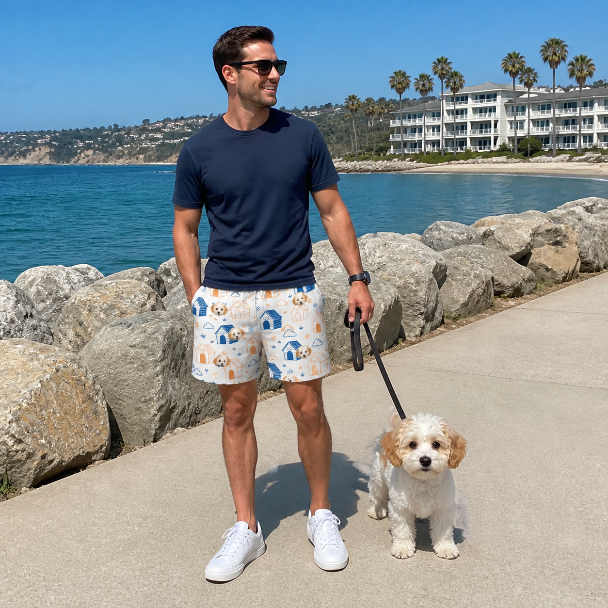 Full-length photo with the pet printed all over this Men's Yap Yurts Custom Dog Face Beach Shorts