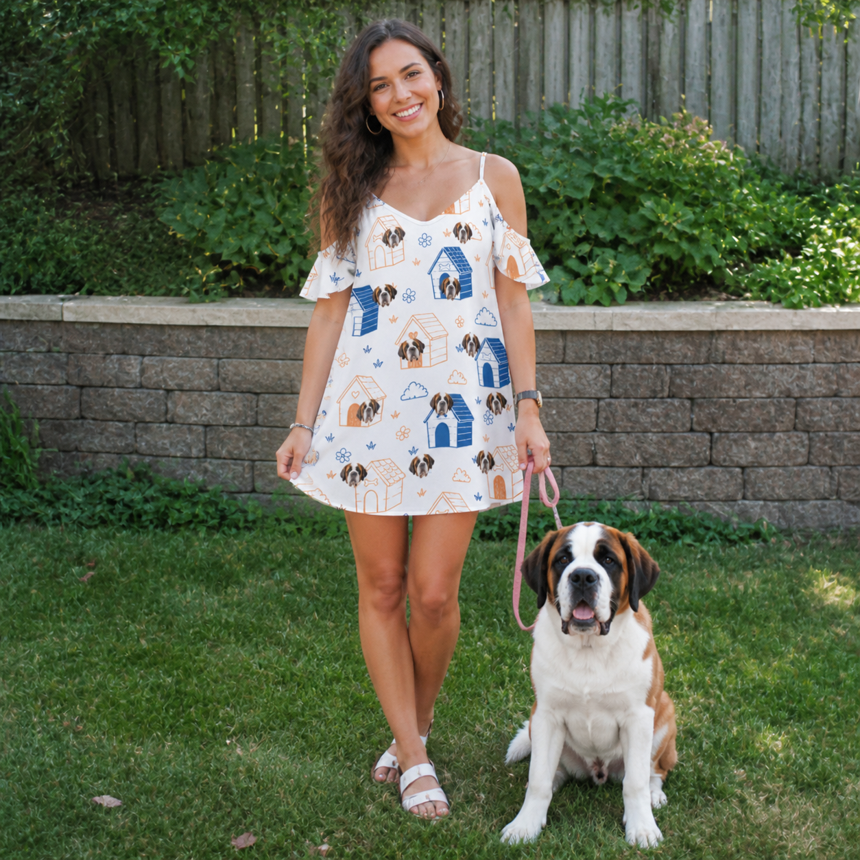 Full-length photo with the pet printed all over this Women's Yap Yurts Custom Dog Face Off-Shoulder Dress