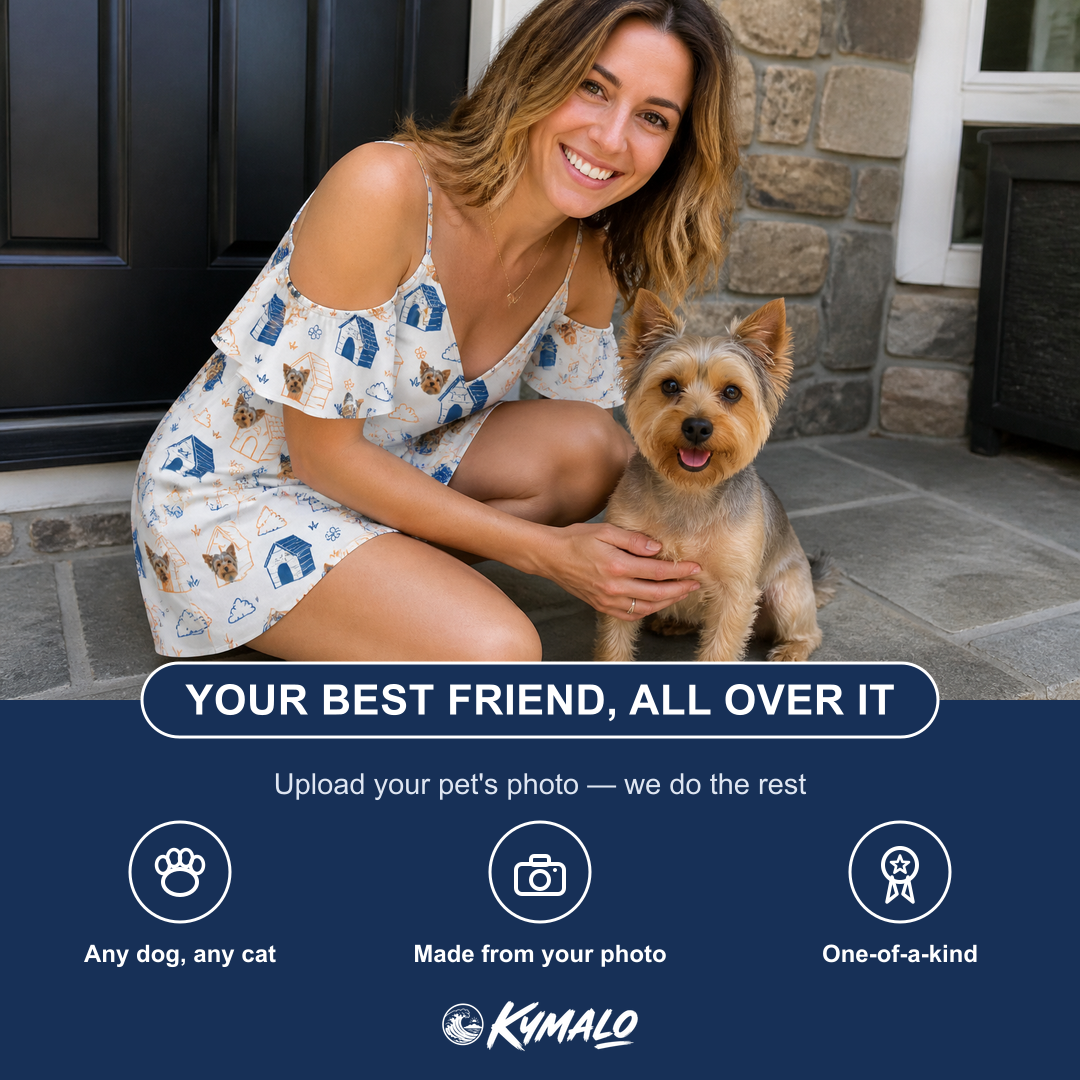 Friends in matching Women's Yap Yurts Custom Dog Face Off-Shoulder Dress — a group gift photo