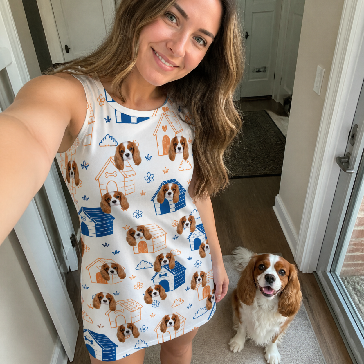 Selfie with the pet whose face is printed all over this Women's Yap Yurts Custom Dog Face Tank Dress