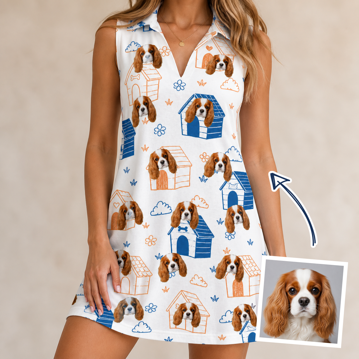 Woman wearing Women's Yap Yurts Custom Dog Face V-Neck Dress — custom faces printed all-over