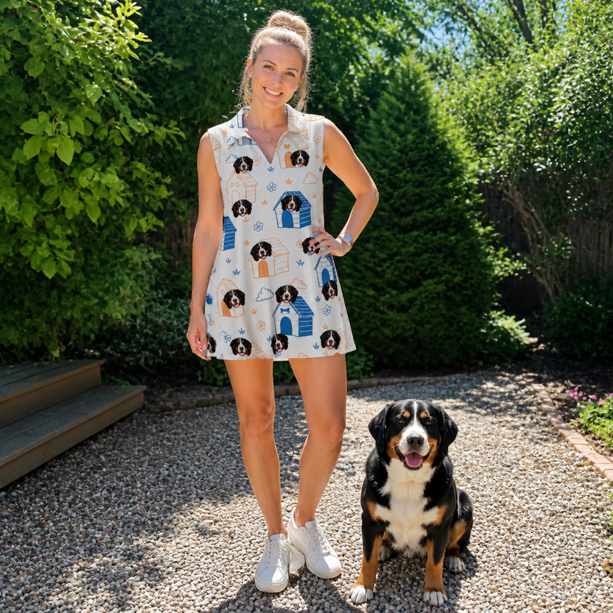 Full-length photo with the pet printed all over this Women's Yap Yurts Custom Dog Face V-Neck Dress