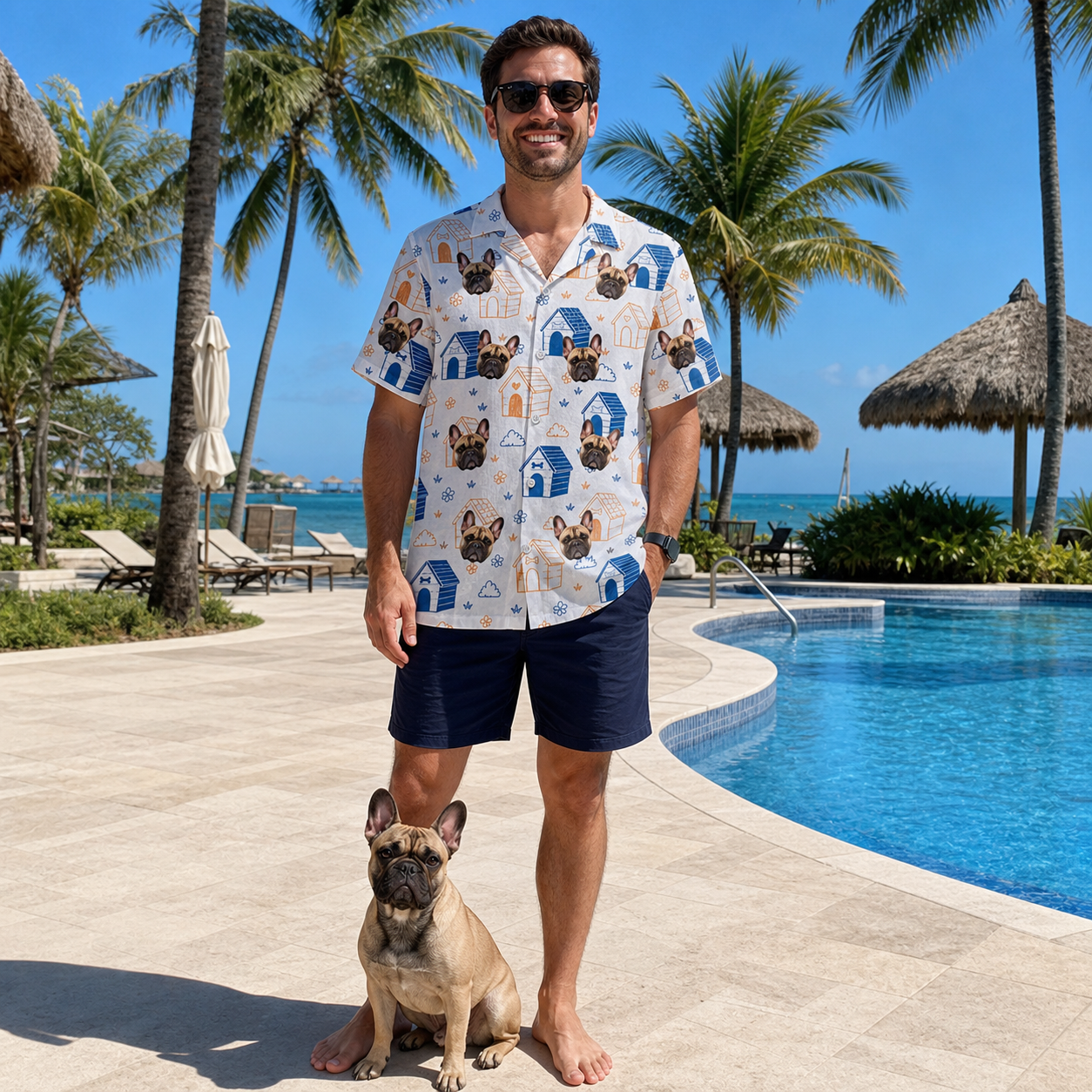 Full-length photo with the pet printed all over this Men's Yap Yurts Custom Dog Face Hawaiian Shirt