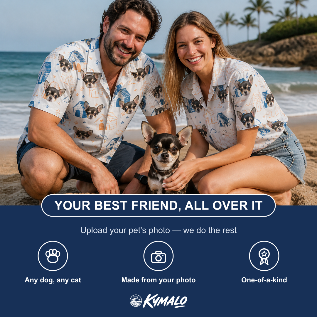 Friends in matching Men's Yap Yurts Custom Dog Face Hawaiian Shirt — a group gift photo