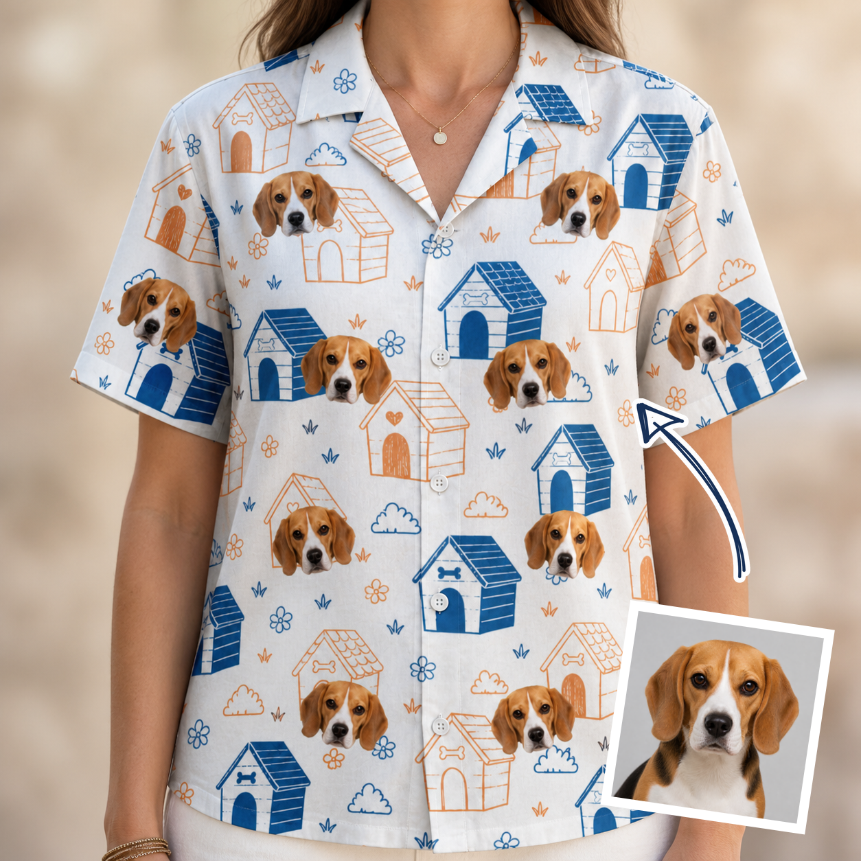 Woman wearing Women's Yap Yurts Custom Dog Face Hawaiian Shirt — custom faces printed all-over