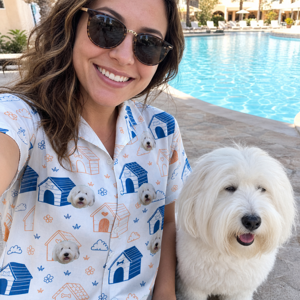 Selfie with the pet whose face is printed all over this Women's Yap Yurts Custom Dog Face Hawaiian Shirt