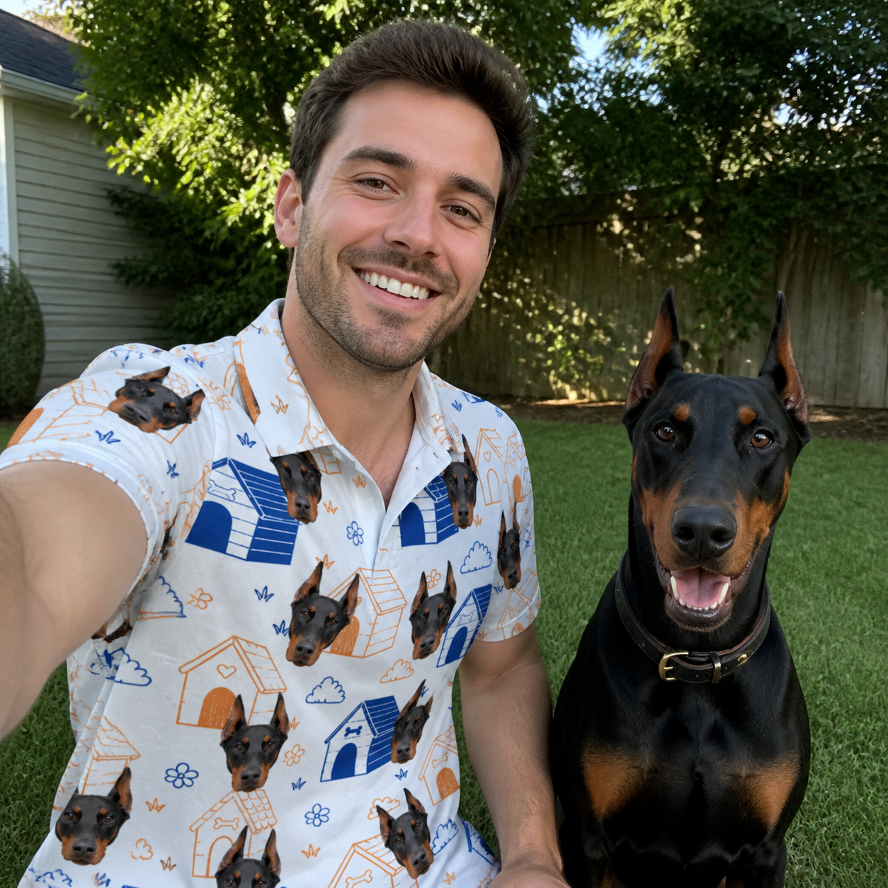 Selfie with the pet whose face is printed all over this Men's Yap Yurts Custom Dog Face Polo Shirt