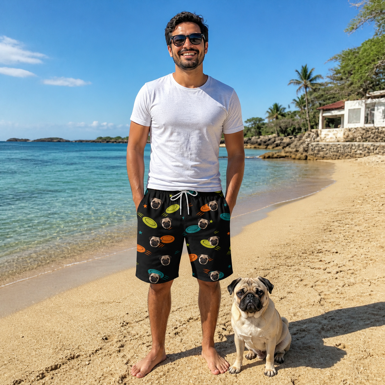 Full-length photo with the pet printed all over this Men's Frisbee Flingers Custom Dog Face Beach Shorts