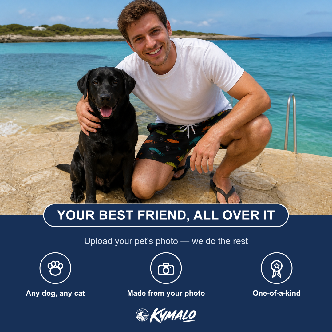 Friends in matching Men's Frisbee Flingers Custom Dog Face Beach Shorts — a group gift photo