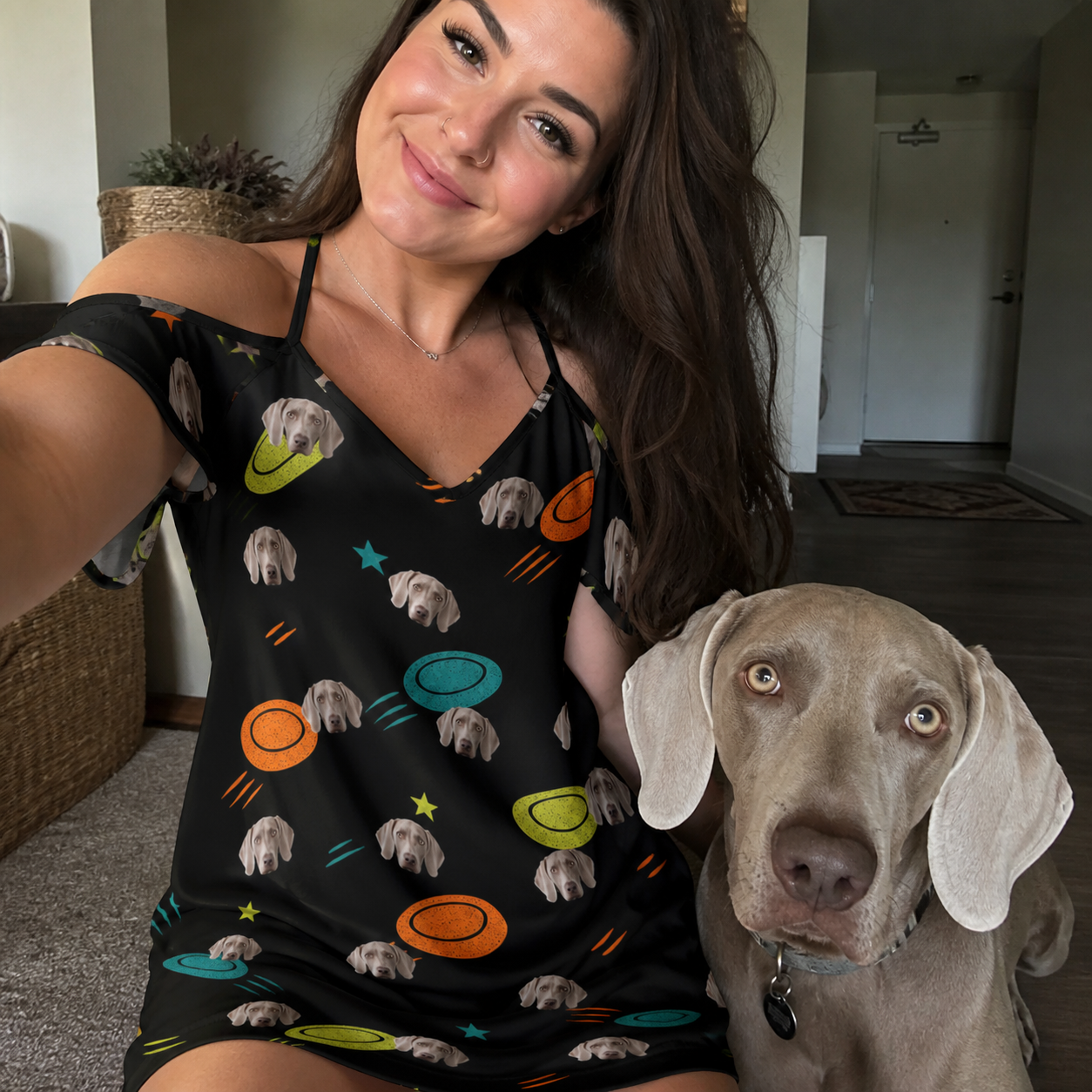 Selfie with the pet whose face is printed all over this Women's Frisbee Flingers Custom Dog Face Off-Shoulder Dress