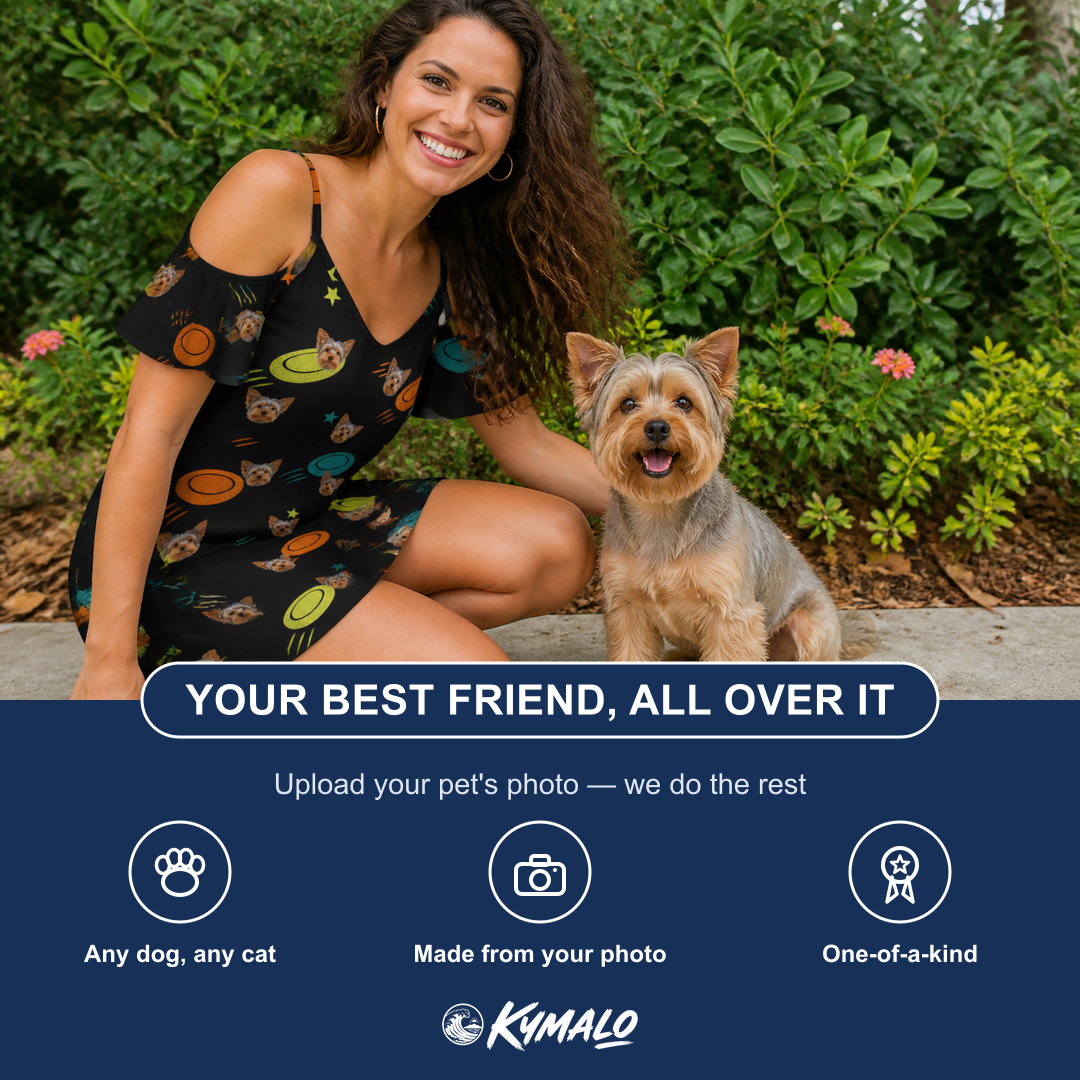 Friends in matching Women's Frisbee Flingers Custom Dog Face Off-Shoulder Dress — a group gift photo