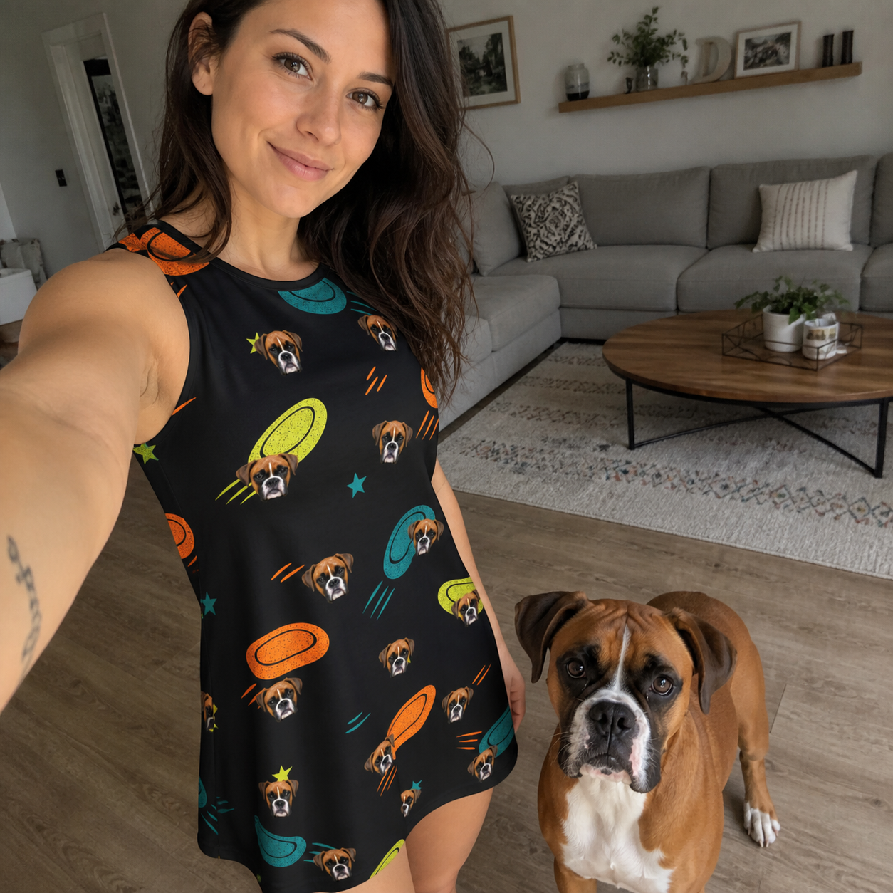 Selfie with the pet whose face is printed all over this Women's Frisbee Flingers Custom Dog Face Tank Dress