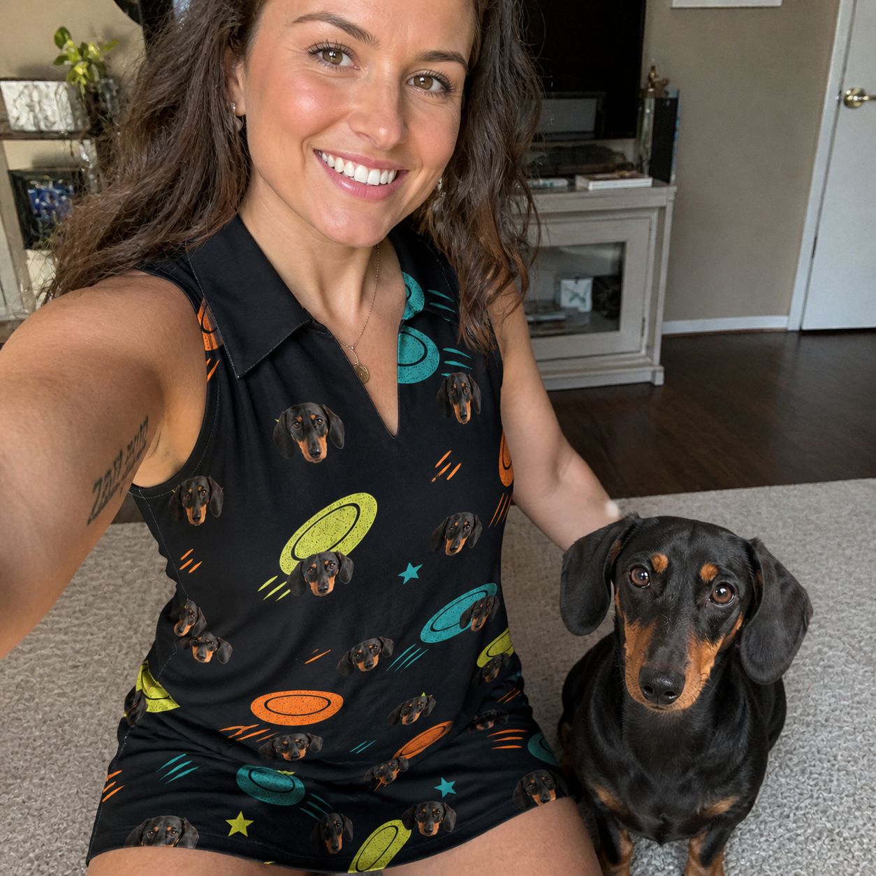 Selfie with the pet whose face is printed all over this Women's Frisbee Flingers Custom Dog Face V-Neck Dress