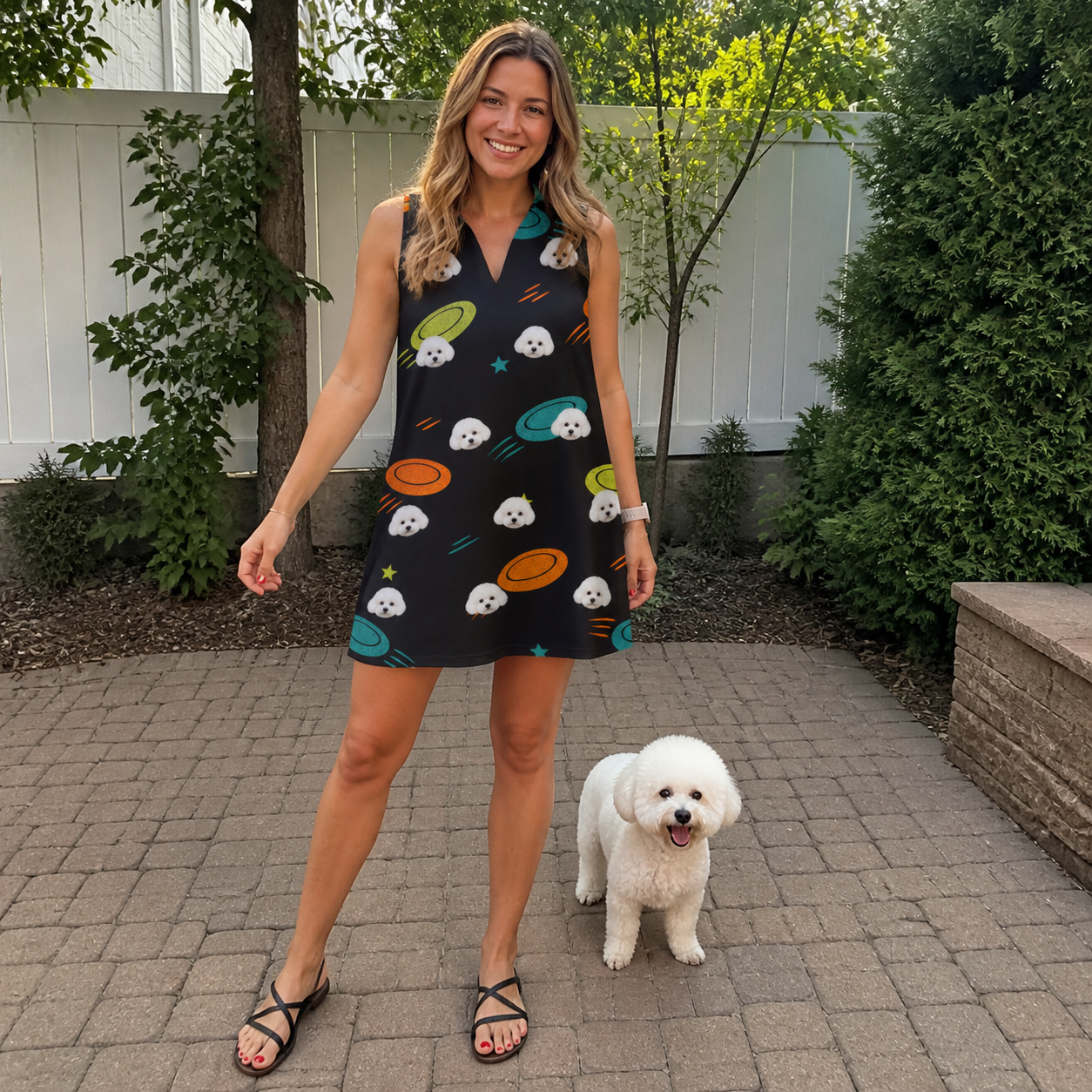Full-length photo with the pet printed all over this Women's Frisbee Flingers Custom Dog Face V-Neck Dress